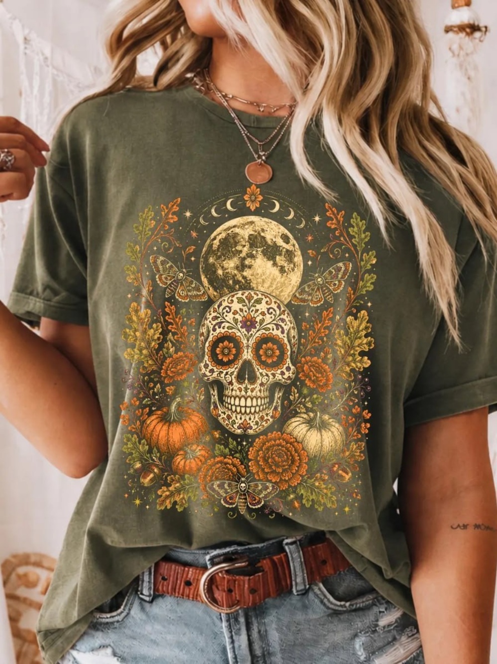 Heather Military Green Floral Sugar Skull Graphic Tee